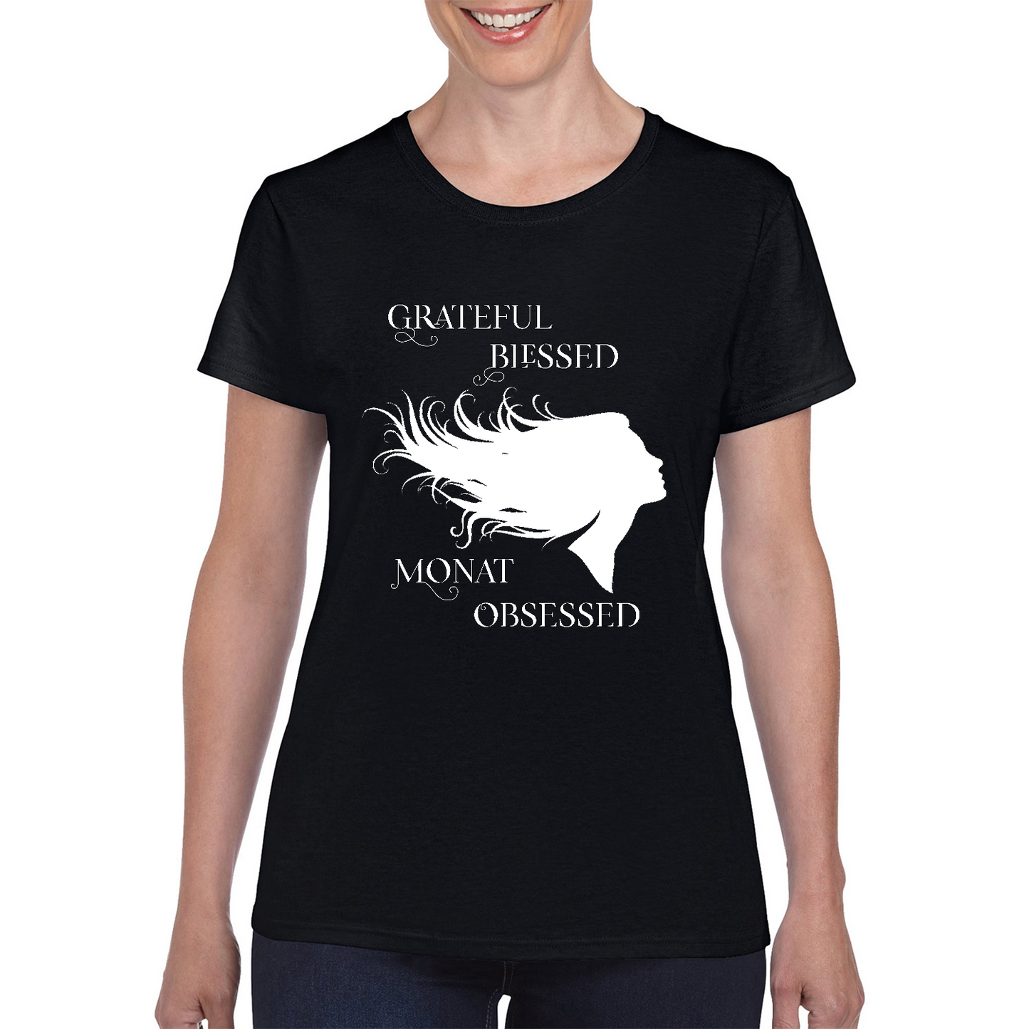 Grateful Blessed Monat Obsessed Ladies Black Cotton T-Shirt | Monat Gear | Promote Monat