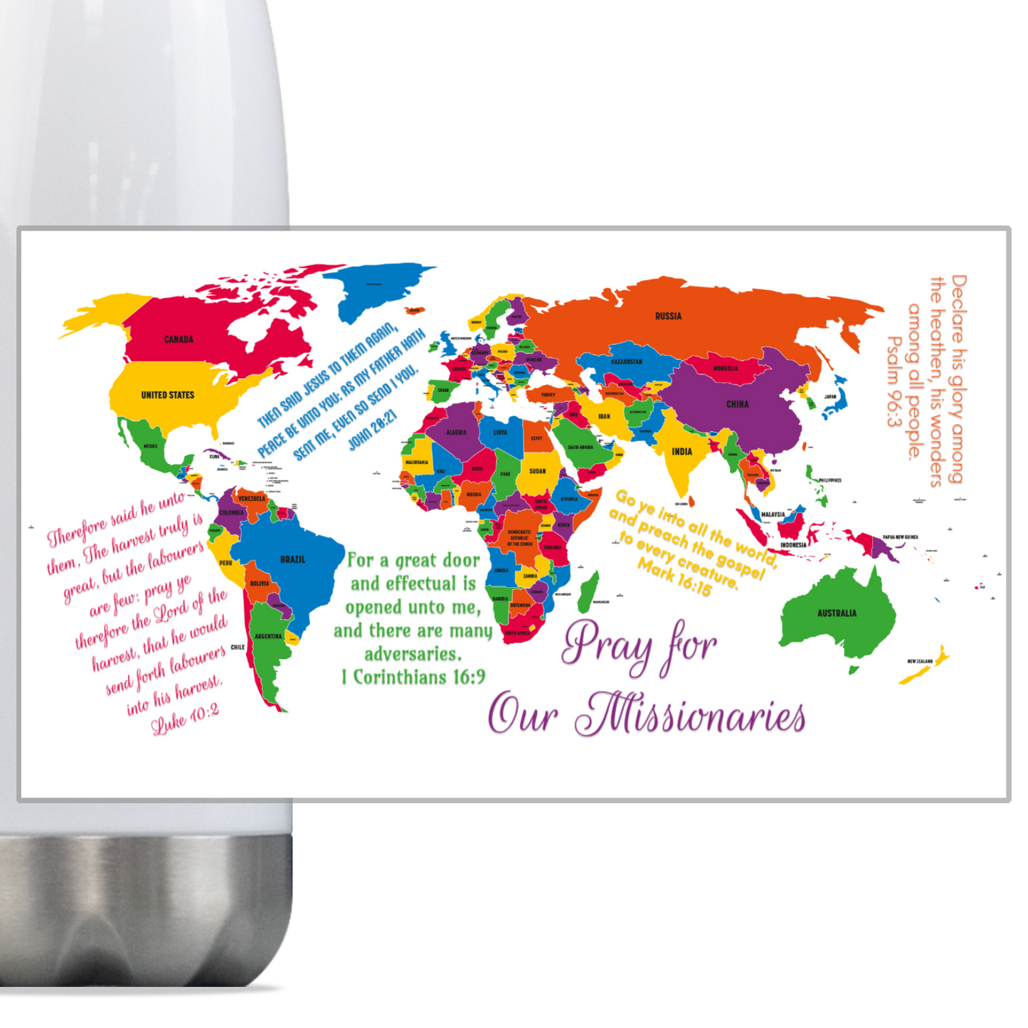 Pray For Our Missionaries 18 oz Stainless Water Bottle | KJV Scripture Thermos Bottle