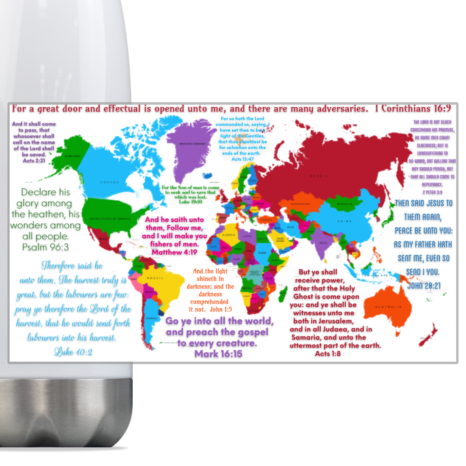 world map with KJV Scripture stainless steel bottle 