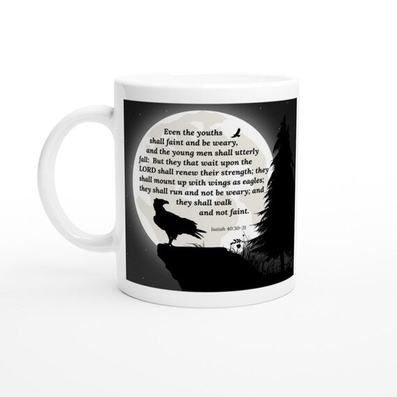 Isaiah 40:30-31 Eagle Black & White 11oz Ceramic Coffee Mug | Christian Faith Mug | KJV Scripture Mug | Bible Verse Mug
