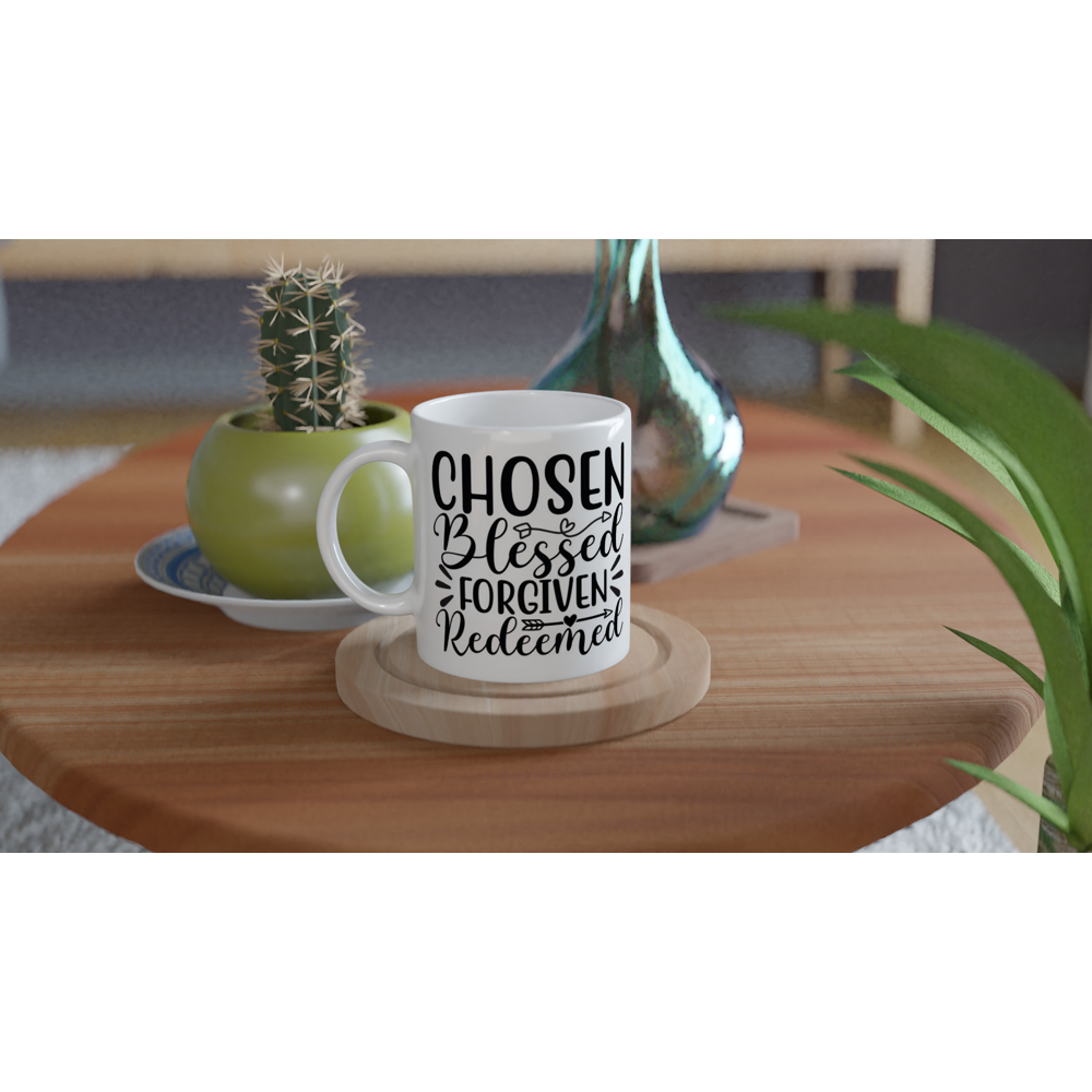 Chosen Blessed Forgiven Redeemed White 11oz Ceramic Mug | Inspirational Coffee Cup | Christian Faith Mug