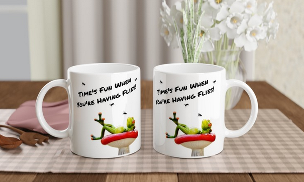 Time's Fun When You're Having Flies 11oz Ceramic Coffee Mug | Cute Clever Whimsical Coffee Mug